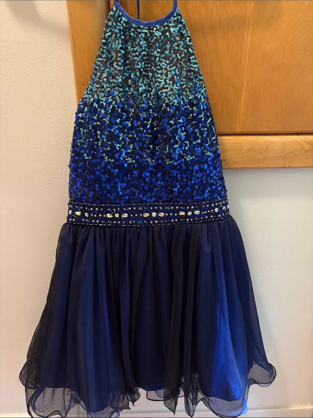 Masquerade Navy and Teal Sequin Halter Prom Dress
